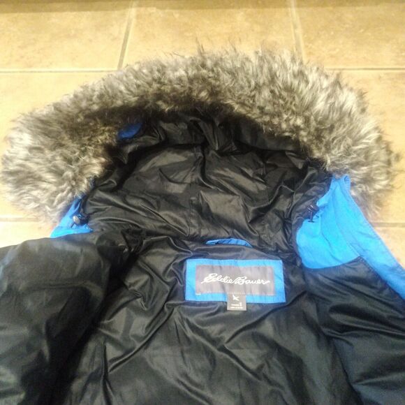 Eddie Bauer Womens Quilted Blue Goose Down Puffer Coat Faux Fur Hood Small EUC - Picture 4 of 13
